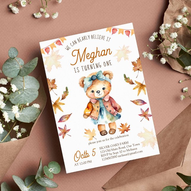 Bearly believe it teddy bear fall birthday party  invitation (Bearly believe it teddy bear birthday party template invitation for a girl cute teddy  fall themed)