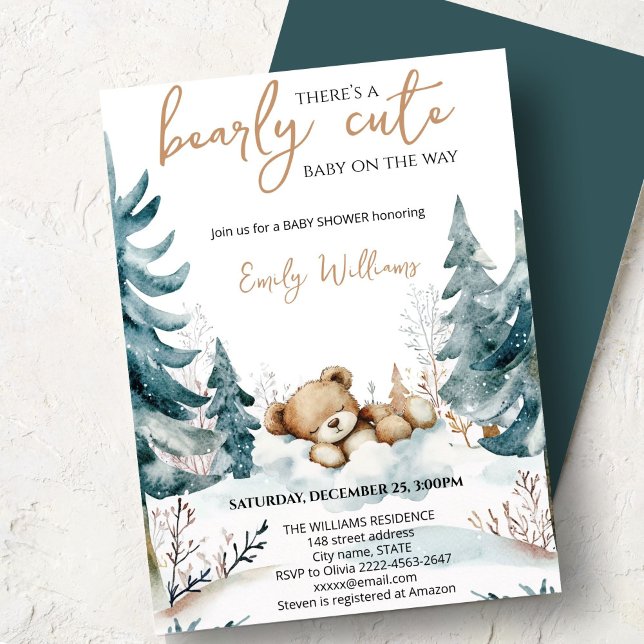 Bearly Cute Baby Shower Invitation | Woodland Bear (Cute bear watercolor baby shower invitation “Bearly cute baby on the way” )