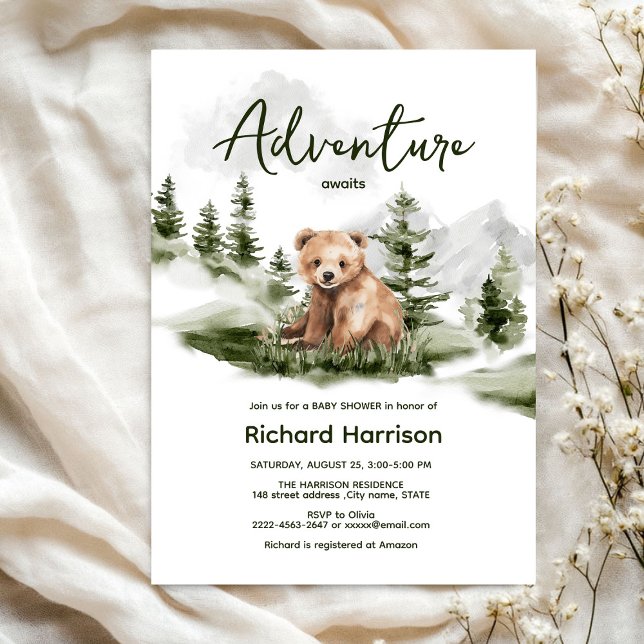 Bearly cute forest bear baby shower invitation (Bearly wait cute watercolor forest baby shower invitation )
