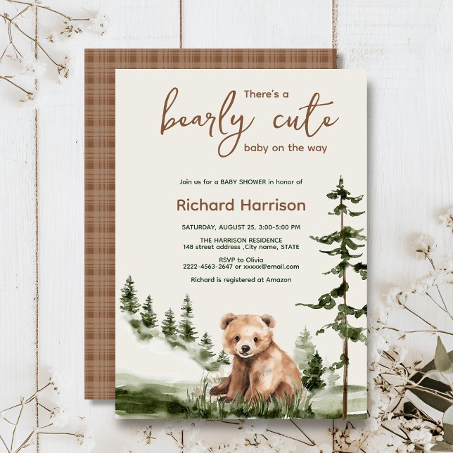 Bearly cute watercolor forest bear baby shower invitation (Adventure awaits cute watercolor bear, green forest, woodland theme baby shower invitation )