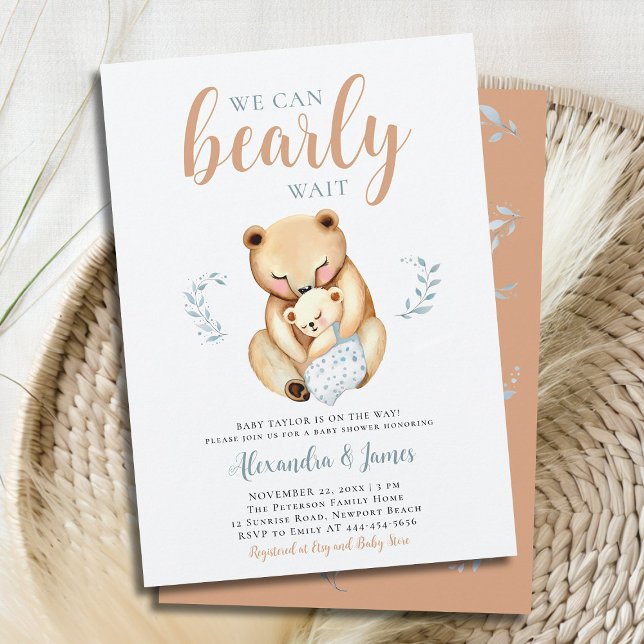 Bearly Mama Bear Cub Woodland Baby Boy Shower Invitation (we can bearly wait baby boy shower invitation mama bear cub woodland forest cute sweet animal blue)