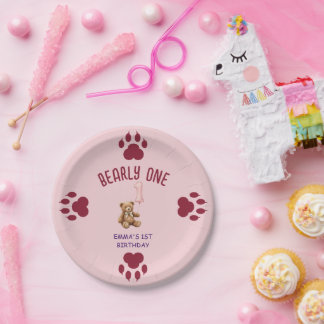Bearly One | Brown Teddy Bear First Birthday Paper Plate