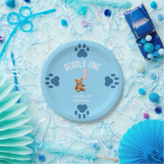 Bearly One | Brown Teddy Bear First Birthday Paper Plate