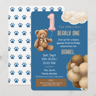 Bearly One Teddy Bear First Birthday Invitation