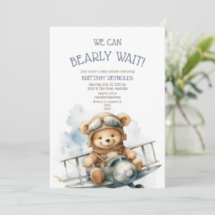 Bearly Wait Aeroplane Blue Baby Shower Invitation