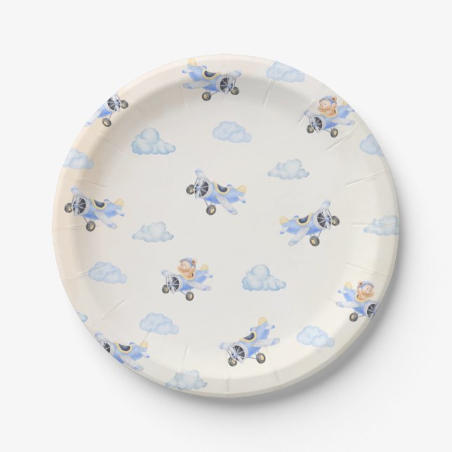 Bearly Wait Baby Shower Flying Bear & Cloud  Paper Plate (Front)