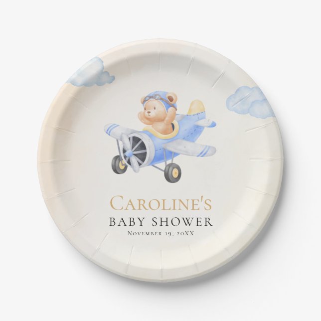 Bearly Wait Baby Shower, Flying Bear Watercolor  Paper Plate (Front)