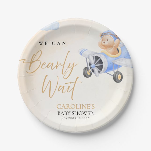 Bearly Wait Baby Shower, Flying Bear Watercolor Paper Plate (Front)