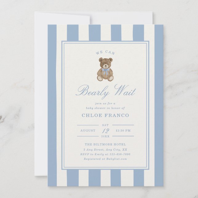Bearly Wait Baby Shower Invitation Bear Theme (Front)