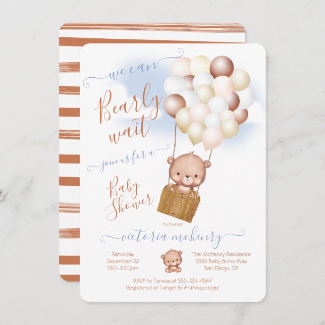 Bearly Wait Baby Shower Teddy Bear Balloons Invitation (Front/Back)
