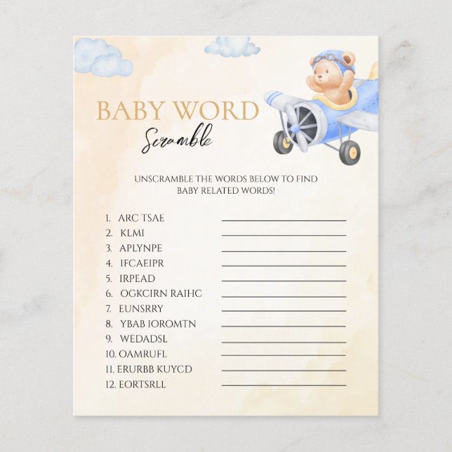 Bearly Wait Baby Shower Word Scramble Flying Bear  (Front)