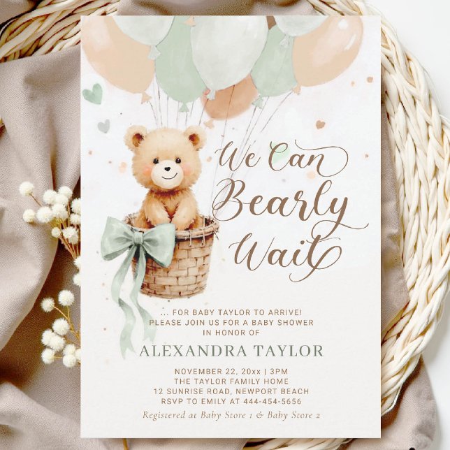 Bearly Wait Balloons Bow Sage Tan Chic Baby Shower Invitation (bearly wait baby shower invitation sage green hot air balloons bow calligraphy watercolor)