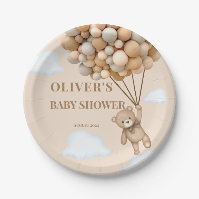 Bearly Wait Balloons Gender Neutral Baby Shower Paper Plate (Front)