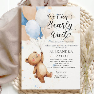 Bearly Wait Balloons Watercolor Baby Boy Shower Invitation