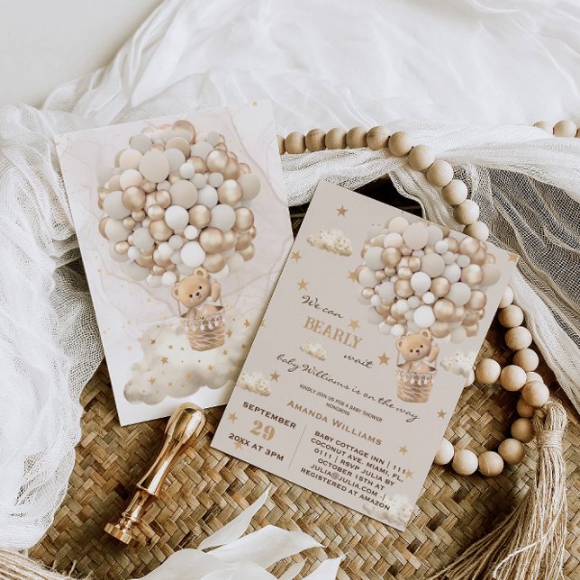 Bearly Wait Bear Balloons Neutral Gold Baby Shower Invitation (Creator Uploaded)