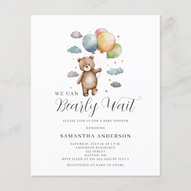 Bearly Wait Bear Budget Baby Shower Invitation (Front)