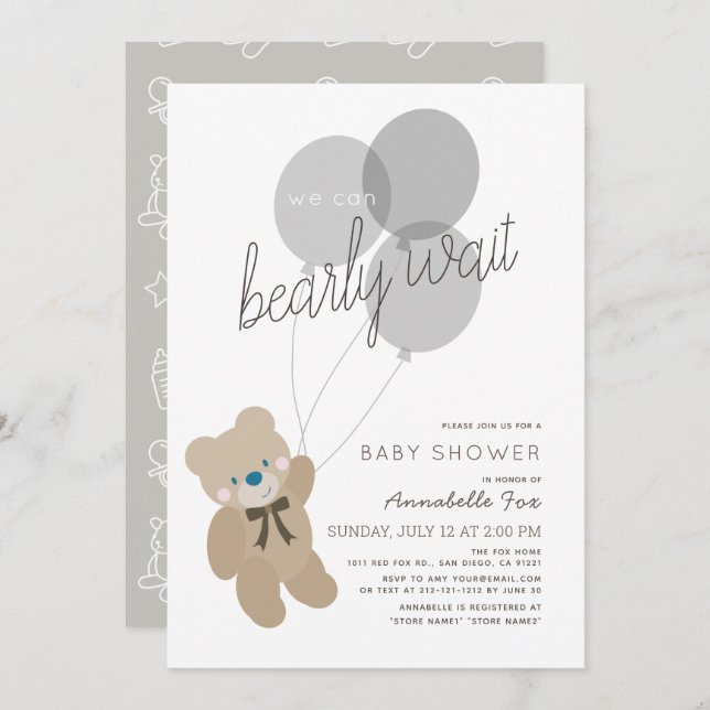 Bearly Wait Bear Gender Neutral Grey Baby Shower Invitation (Front/Back)