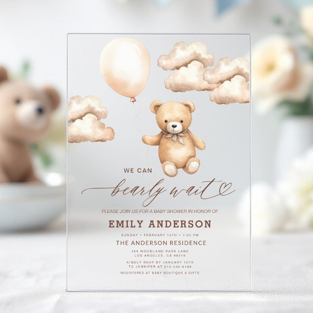 Bearly Wait Beige Gender Neutral Baby Shower Acrylic Invitations (Creator Uploaded)