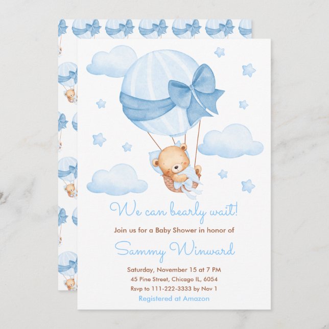Bearly Wait Blue Balloon Boy Baby Shower Invitation (Front/Back)