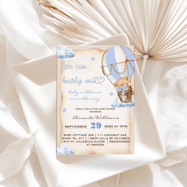 Bearly Wait Blue Hot Air Balloon Baby Boy Shower  Invitation (Creator Uploaded)