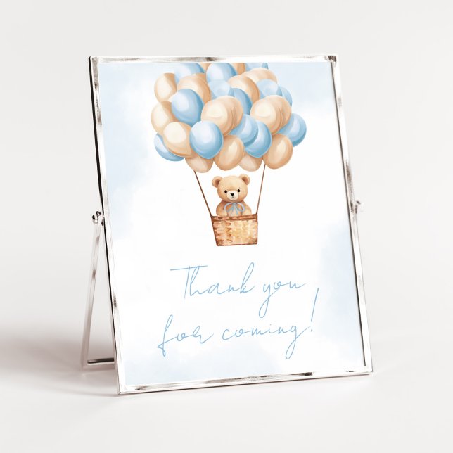 Bearly Wait Blue Hot Air Thank you for Coming Poster (Boy Baby Bear Balloons Baby Shower Thank you for Coming Sign)