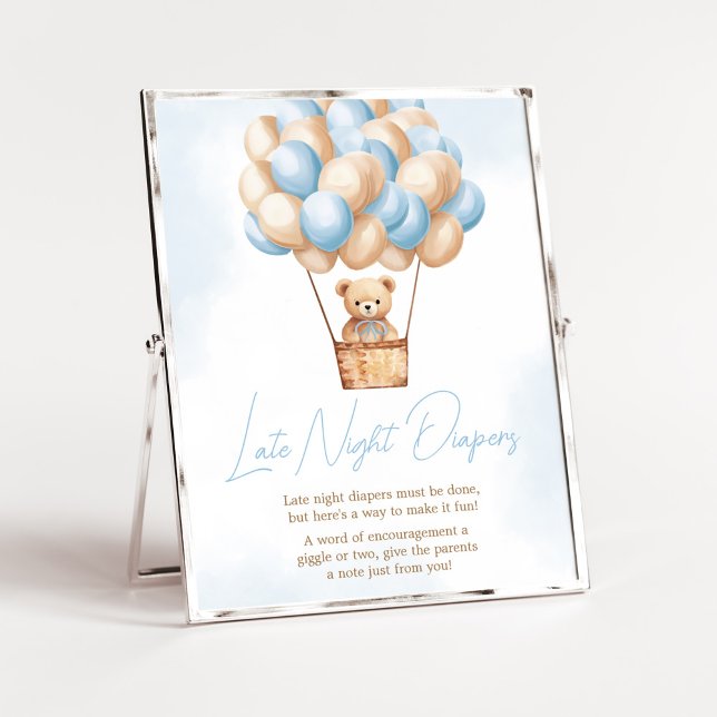 Bearly Wait Blue HotAir Balloon Late Night Diapers Poster (Boy Baby Bear Balloons Baby Shower Late Night Diapers Sign)