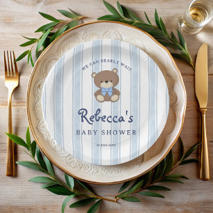 Bearly wait blue retro stripes vintage baby shower paper plate