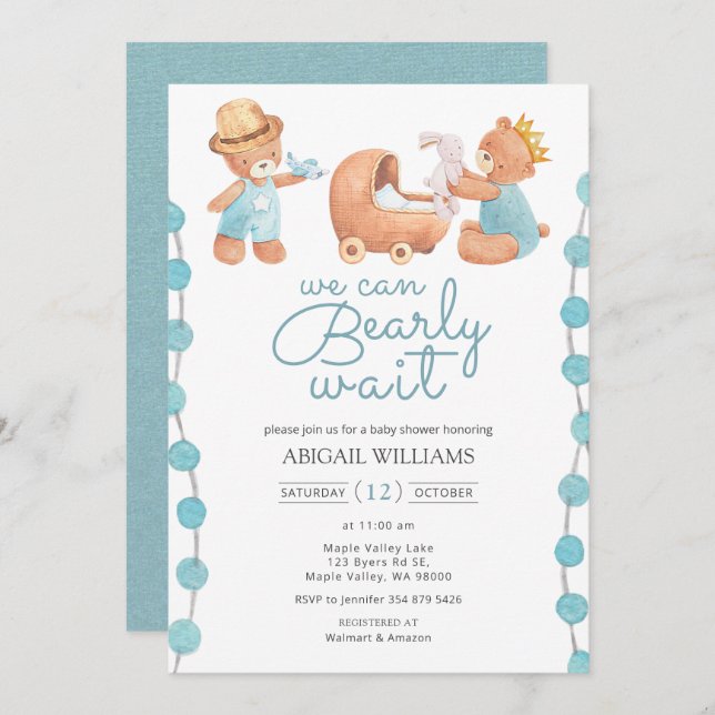 Bearly Wait Blue Teddy Bear Baby Shower Invitation (Front/Back)