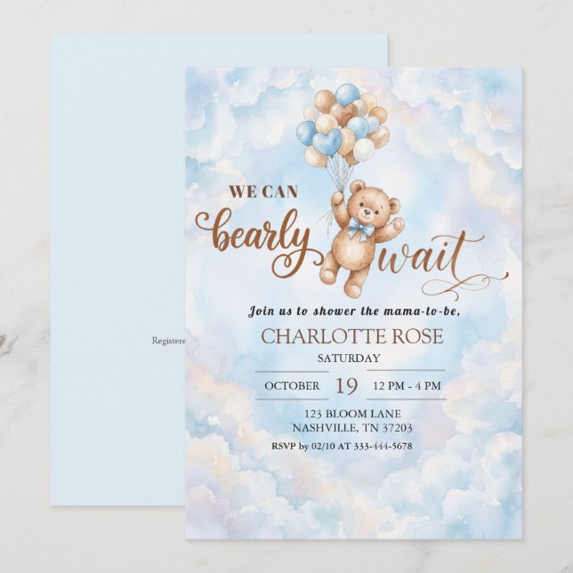 Bearly Wait Blue Teddy Bear Baby Shower Invitation (Front/Back)