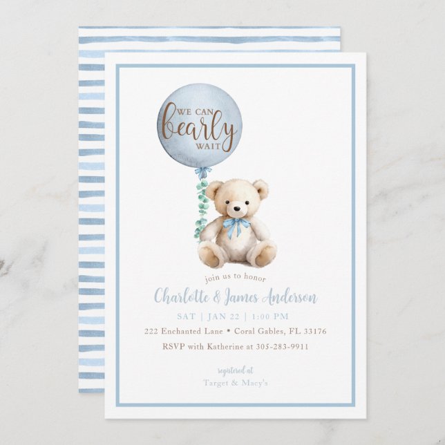 Bearly Wait Blue Teddy Bear Baby Shower Invite (Front/Back)