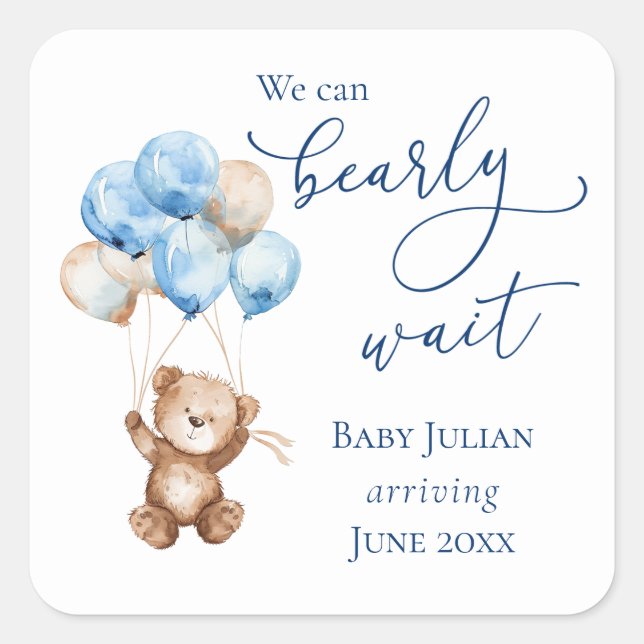 Bearly Wait Blue Teddy Bear Baby Shower Square Sticker (Front)