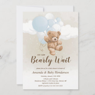 Bearly Wait Blue & White Teddy Bear Baby Invitation