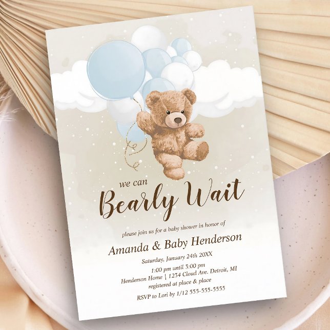 Bearly Wait Blue & White Teddy Bear Baby Invitation (Creator Uploaded)