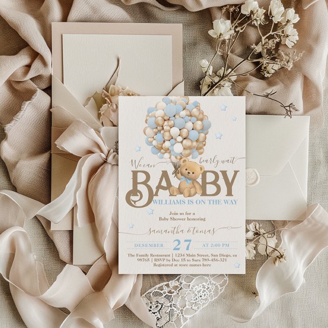 Bearly Wait Boho Blue Balloon Boy Baby Shower Invitation (Creator Uploaded)