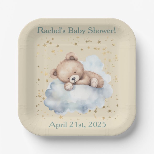 Bearly Wait - Boy Teddy Bear Asleep in Clouds  Paper Plate (Front)