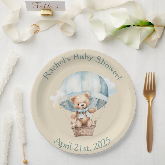 Bearly Wait - Boy Teddy Bear In Hot Air Balloon   Paper Plate (Wedding)