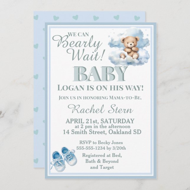 Bearly Wait- Boy Teddy Bear On A Cloud Baby Shower Invitation (Front/Back)