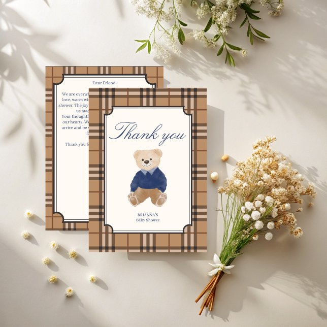 Bearly wait classic plaid teddy bear baby shower thank you card (Bearly wait classic brown plaid teddy bear baby shower thank you cards)