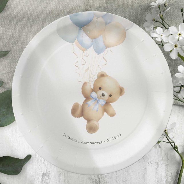 Bearly Wait Cute Teddy Bear and Blue Balloons Paper Plate (Blue We can Bearly Wait, baby Boy Shower paper plate.)