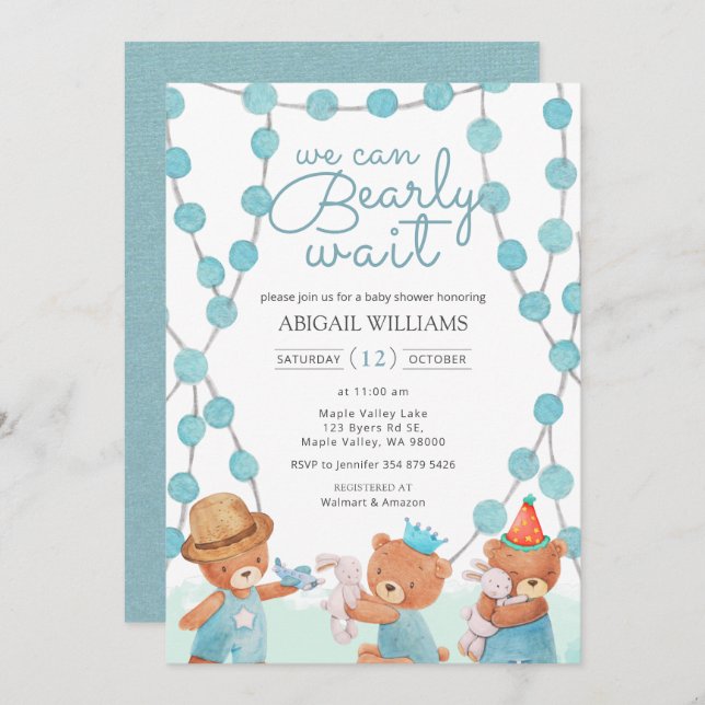 Bearly Wait Cute Watercolor Teddy Bear Baby Shower Invitation (Front/Back)