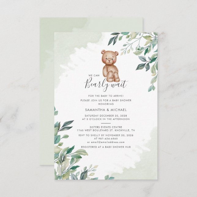 Bearly Wait Eucalyptus Foliage Couples Baby Shower Invitation (Front/Back)