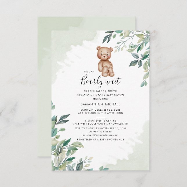 Bearly Wait Eucalyptus Leaves Couples Baby Shower Invitation (Front/Back)