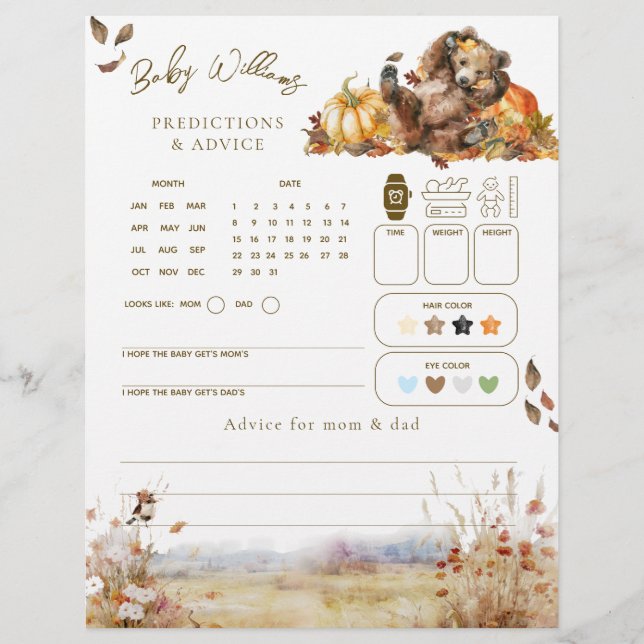 Bearly Wait Fall Woodland Baby Shower Game (Front)