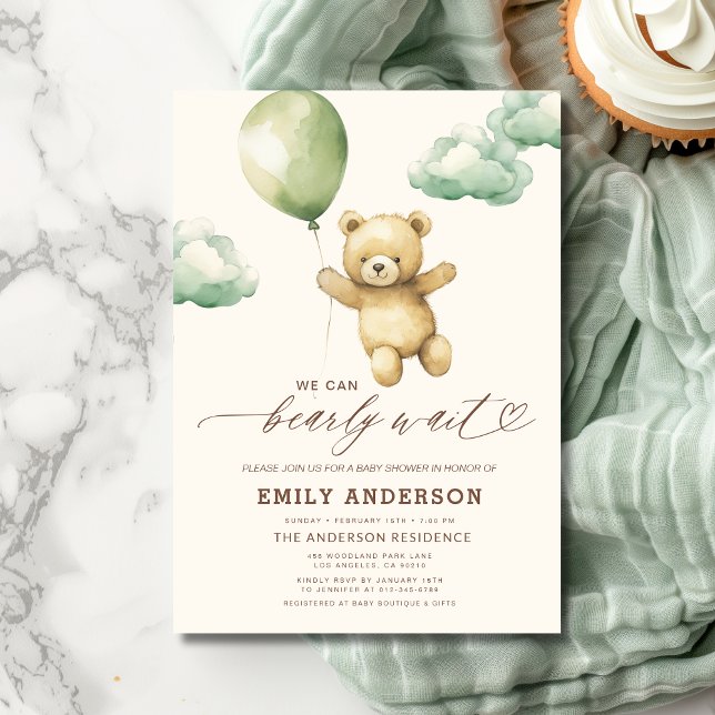 Bearly Wait Gender Neutral Green Baby Shower Invitation (Creator Uploaded)
