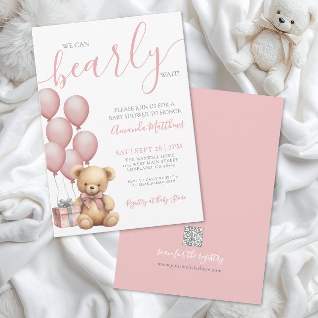 Bearly Wait Girl Pink Bear Baby Shower Invitation (Bearly Wait Girl Pink Bear Baby Shower Invitation)