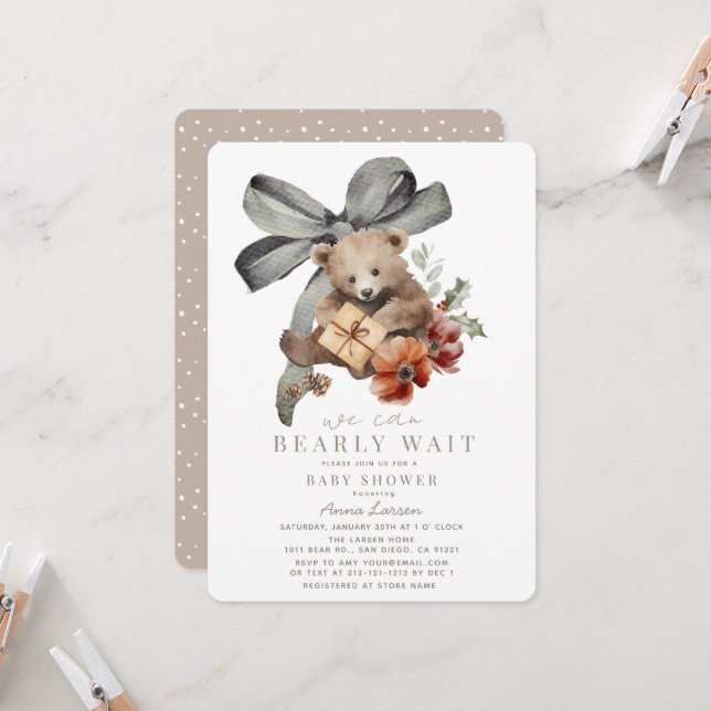 Bearly Wait Grey Bow Gender-neutral Baby Shower Invitation (Front/Back In Situ)