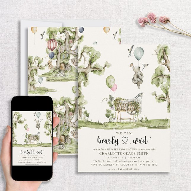 Bearly Wait Heart Sip & See Girl Baby Shower Invitation (Creator Uploaded)