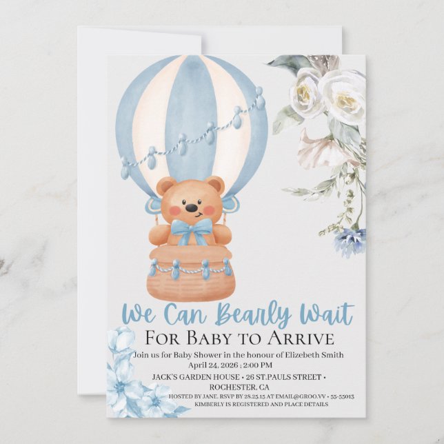 Bearly Wait Hot Air Ballon Baby Shower Invitation (Front)