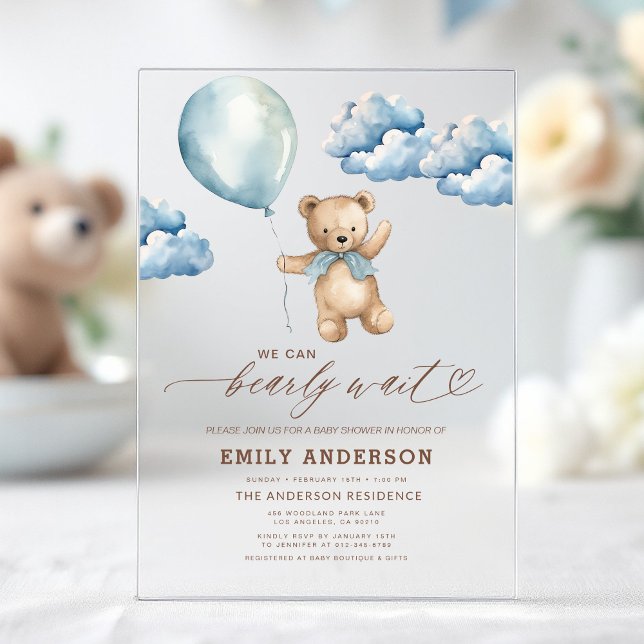 Bearly Wait Neutral Beige & Blue Boy Baby Shower Acrylic Invitations (Creator Uploaded)