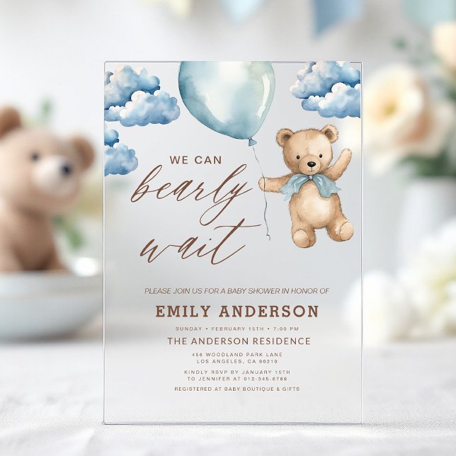 Bearly Wait Neutral Beige & Blue Boy Baby Shower Acrylic Invitations (Creator Uploaded)